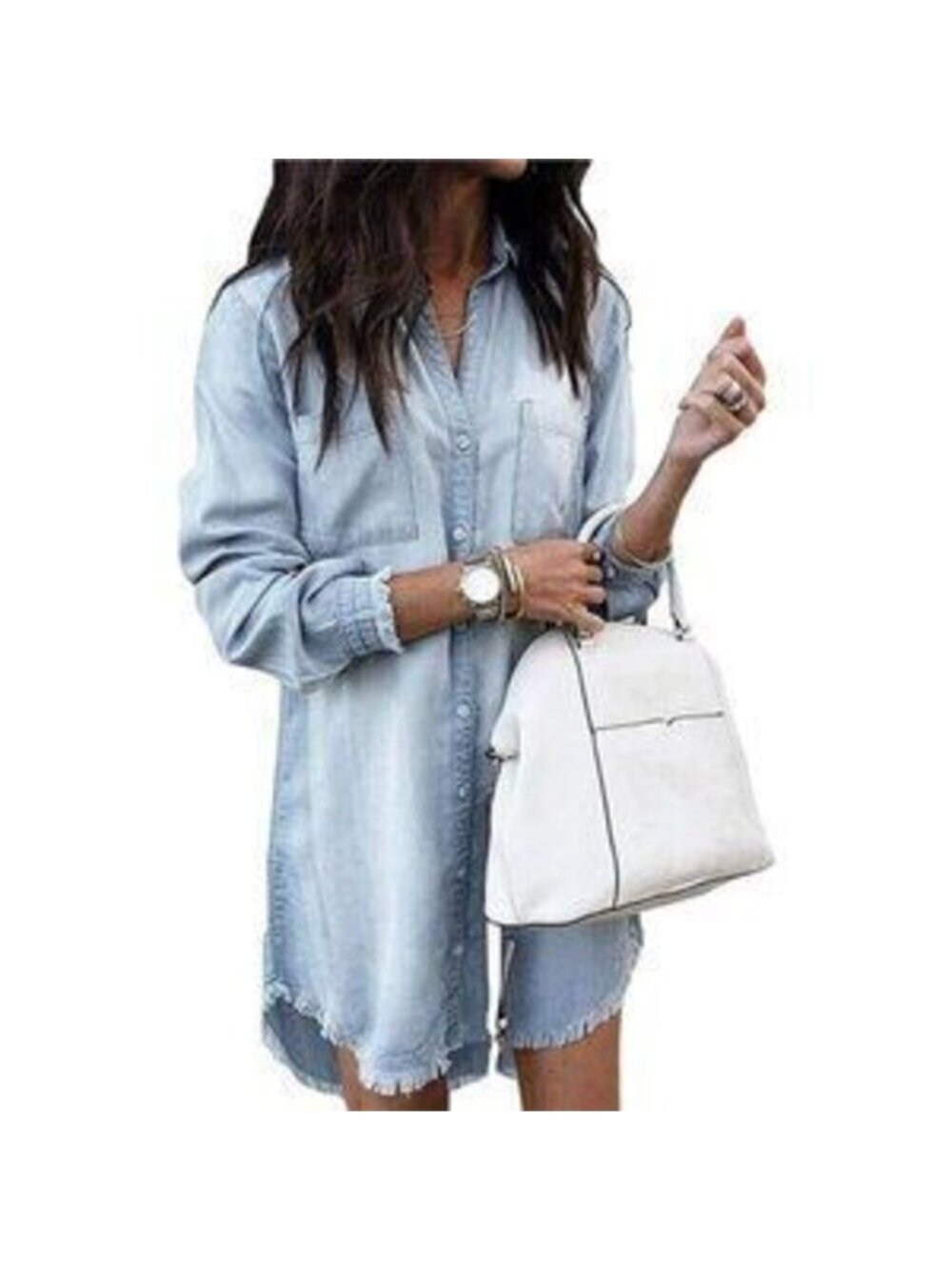 Women's Denim Shirt Dress Long Sleeve Distressed Jean Dress Tunic Top